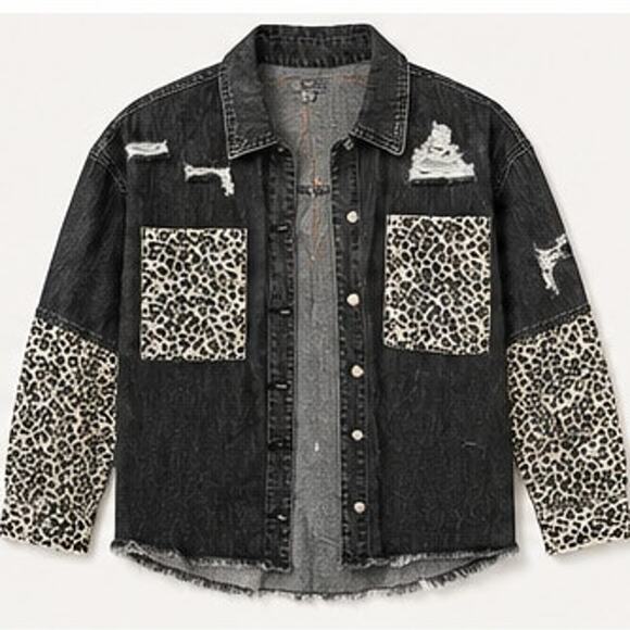 easel Jackets & Blazers - Easel Distressed Leopard Denim Jacket Shacket Button Front Cotton Medium NWT
